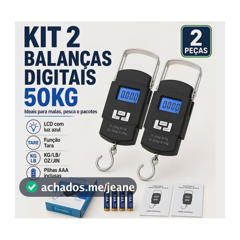 Kit 2 Balanças Digitais Gancho 50kg Para Bagagem E Pesca Preto