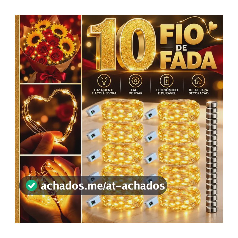 Kit 10 Fio De Fada Cordão De Led 2 Metro E 20 Leds Cada Luz Amarelo Pisca Pisca Natal Pilhas Inclusa Decoração Marca Kururuá