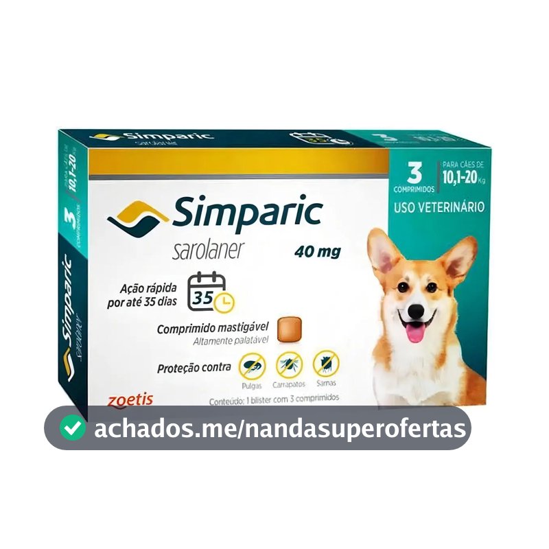 Antipulgas Zoetis Simparic 40mg Cães 10,1-20kg 3 Comprimidos