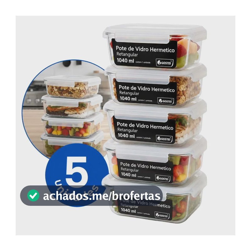 Kit 5 Potes De Vidro Hermético 1040ml Retangular Tampa Trava Vidro Borossilicato