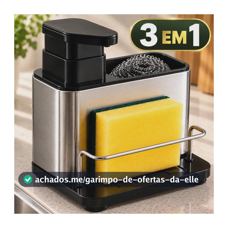 Dispenser Detergente 3 em 1 com Porta Esponja Organizador de Pia em Aço Inox para Cozinha Sabão Líquido e Utensílios