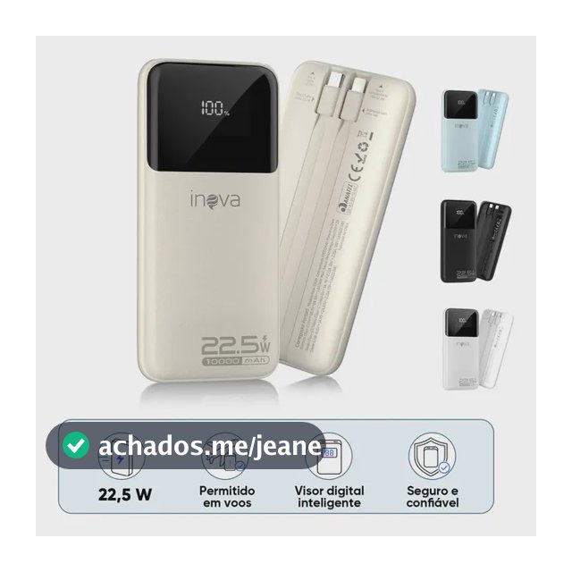 Carregador Portátil Inova Power Bank 10000mAh para iPhone e Samsung Com Carregamento Rápido de 22.5W