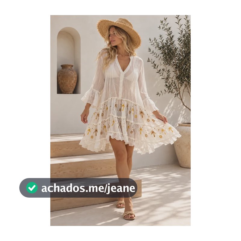 Vestido Saída De Praia Feminino Algodão Bordado Premium Branco Único