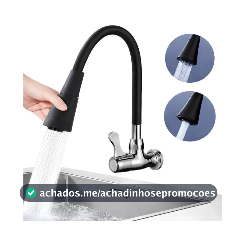 Torneira Gourmet Para Cozinha 2 Jatos Bica Móvel Parede Preta Flexível Jato Cone