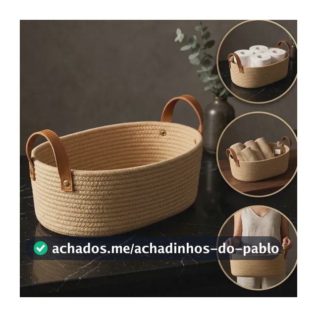 Cesto Organizador de Algodão Trançado Bege Com Alças de Couro Para Lavabo e Banheiro