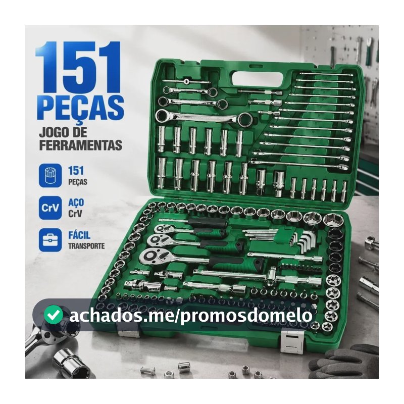 Kit Jogo De Ferramentas Com Soquetes 151 Peças De Aço Crv Verde-musgo