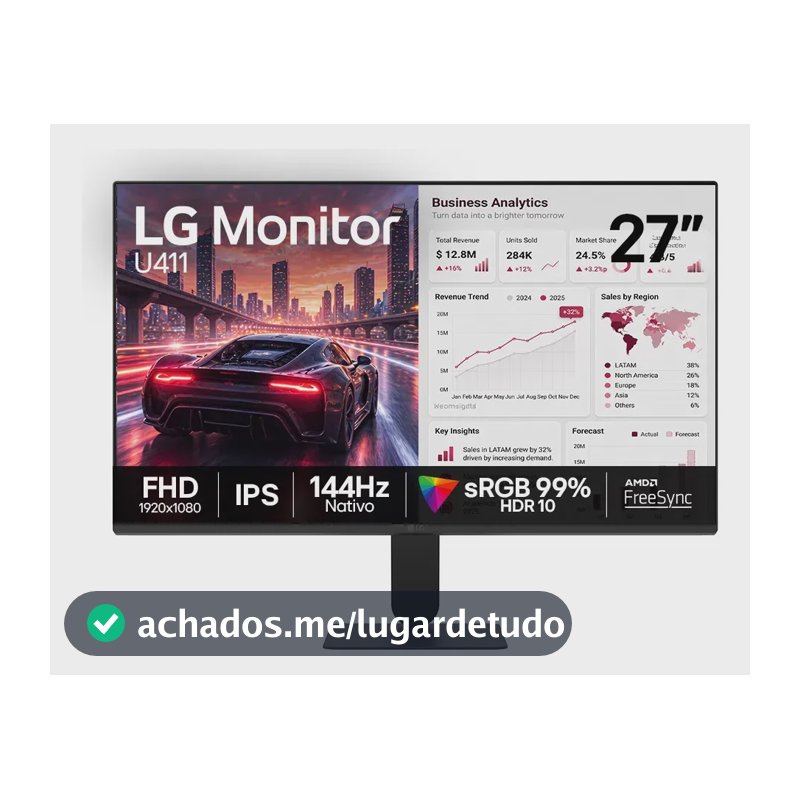 Monitor LG FHD Gamer & Office tela IPS 27”, 1ms (MBR), 144Hz Nativo, FreeSync, HDR10, sRGB, Modo leitura, Flicker Safe, HDMI, Black Stabilizer, Dynamic Action Sync, Preto - 27U411B