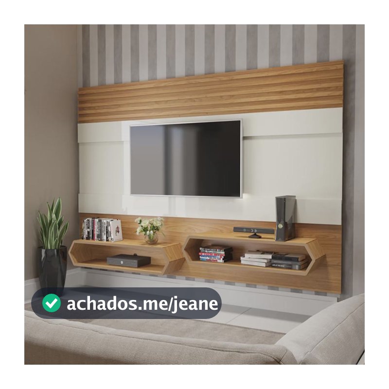 Painel Suspenso Ripado Para Tv Até 65  220cm Com 2 Nichos Off White/freijó