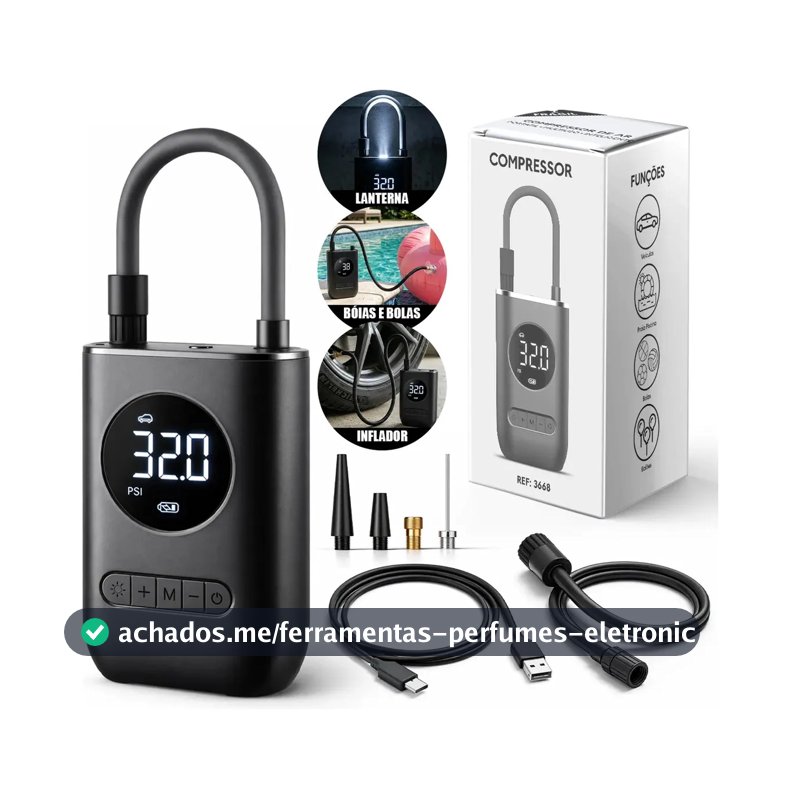 Mini Compressor de Ar Digital Portátil Recarregável USB-C Lumi para Pneus de Carro, Moto e Bicicleta Inflador Elétrico de Bolas e Infláveis Display LCD Alta Pressão Sem Fio Preto