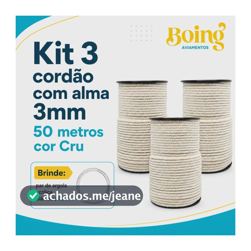 Kit 3 Cordão São José Fio Barbante Espessura 3mm Rolo 50 Metros 100% Algodão Cru Para Tear Macramê + Par Argola 7,5cm