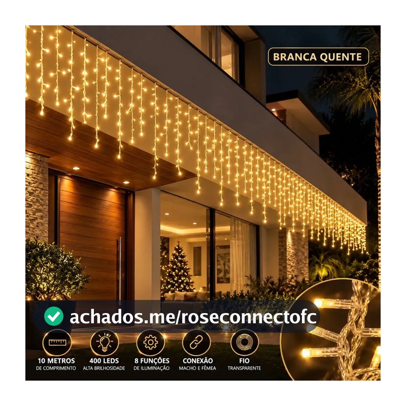 Cascata de Natal 400 Leds 10 Metros Conexão Macho E Fêmea Prova D'água Função Luzes De Natal Pisca Pisca Branco Quente