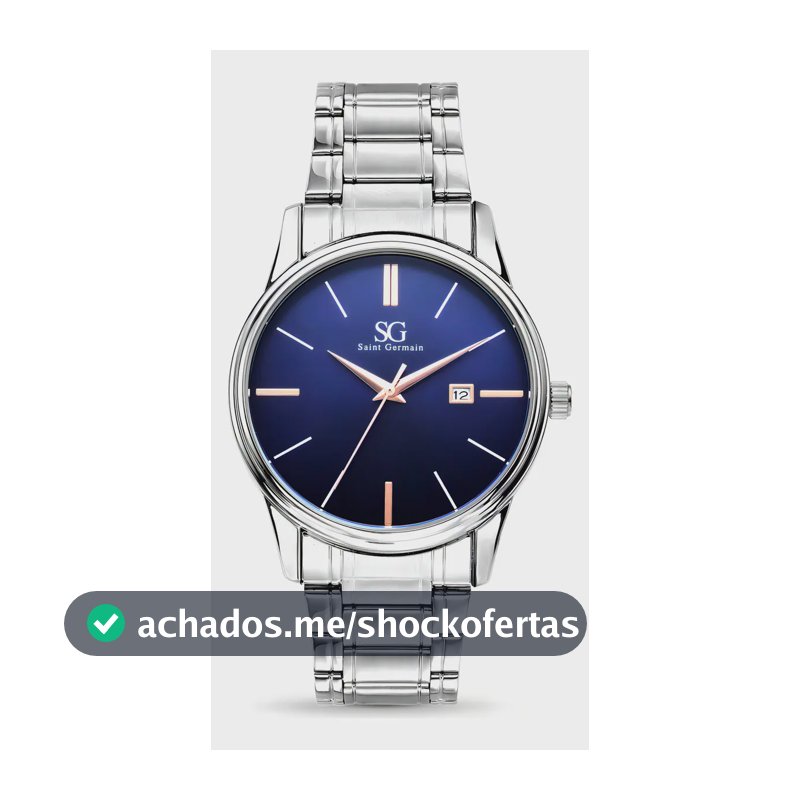 Relógio Masculino Clássico Pulseira Prata Correia Prateada Bisel Prateado Fundo Azul Marinho Saint Germain 42mm Elegante Detalhes Bronze