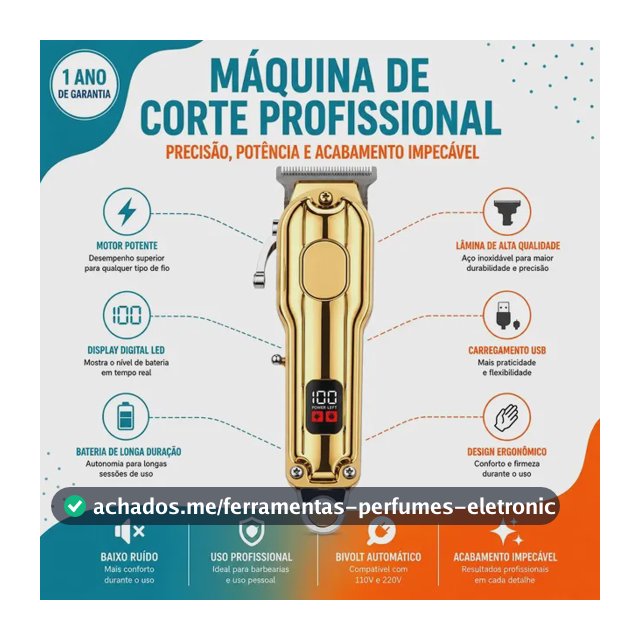 Máquina De Cortar Cabelo Profissional Sem Fio Com Visor Led Lâmina De Titânio Com Alavanca De Regulagem Dourado 3tech