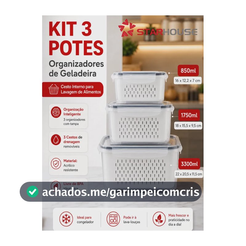 Kit 3 Organizadores Geladeira Alimentos Legumes Verduras Frutas Transparente Com Tampa Trava Hermético Escorredor - Starhouse