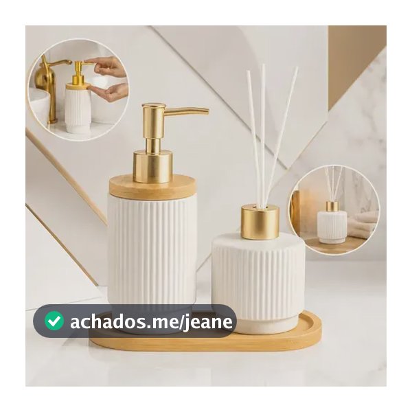 Kit Banheiro 3 Peças Em Porcelana E Bambu Com Dispenser E Difusor Essenza Decor