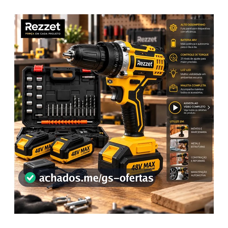 Parafusadeira Furadeira Rezzet 48V com 2 Baterias e Kit Completo Profissional