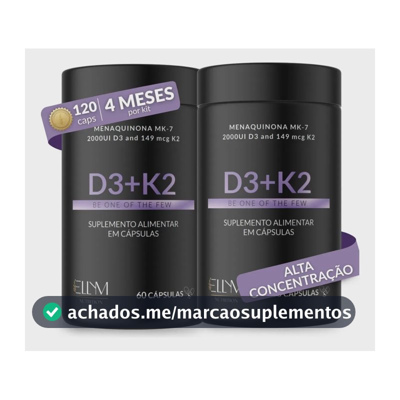 Kit 2 Vitamina D3 K2 Mk7 Capsulas 2000ui 149mcg Menaquinona 7 Colecalciferol Alta Concentração Máxima Absorção Pura D K Ellym Nutrition