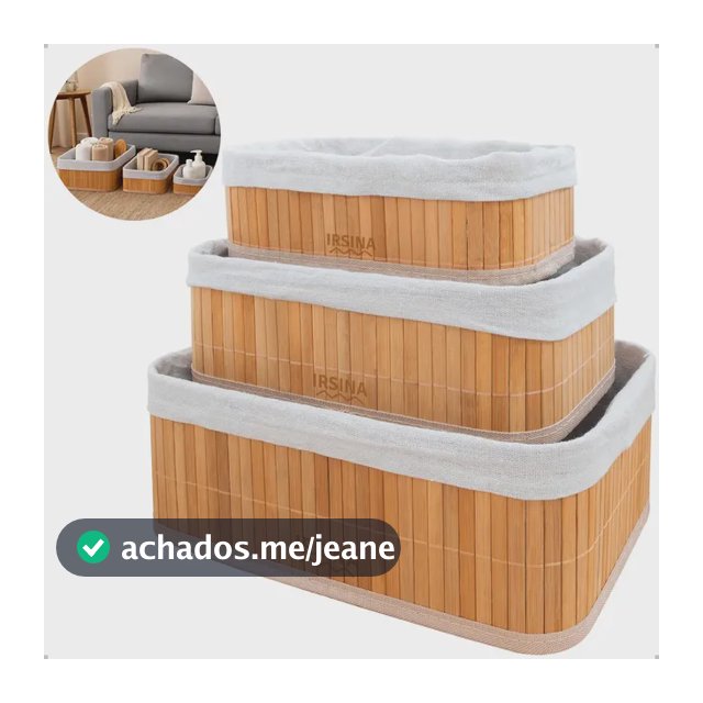 Kit 3 Cestos Organizadores Retangular De Bambu Com Forro Multiuso Decoração Caixa Organizadora Bege Natural Irsina
