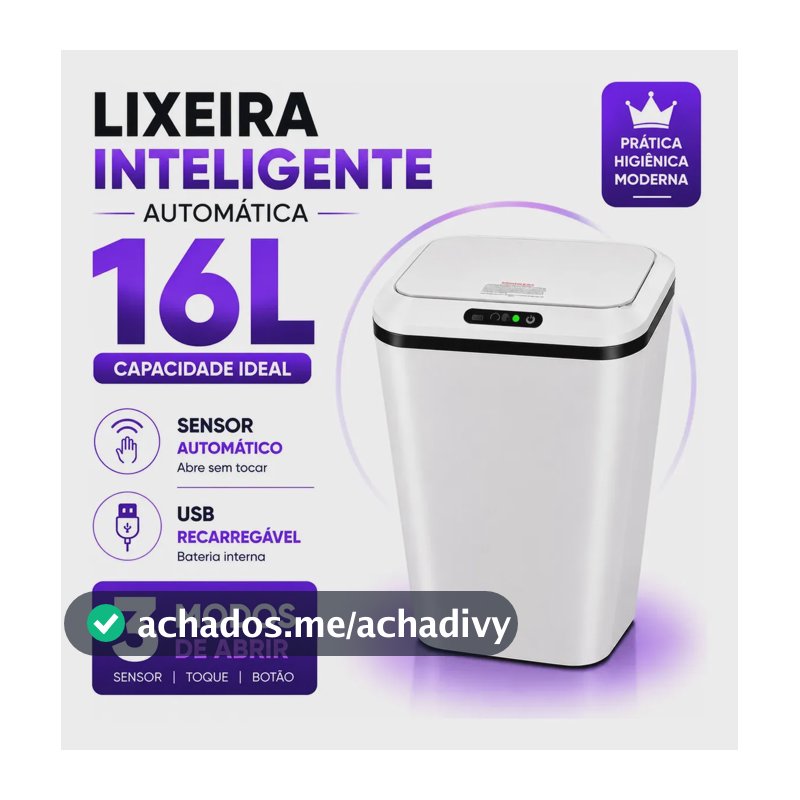 Lixeira Inteligente Automática 16L Sensor Infravermelho Recarregável USB-C 3 Modos Tampa Touch Banheiro Cozinha