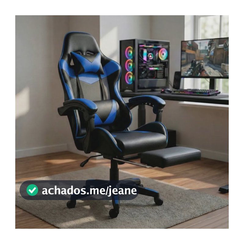 Cadeira Gamer Profissional Escritório Com Apoio Para Pés Azul Couro Sintético