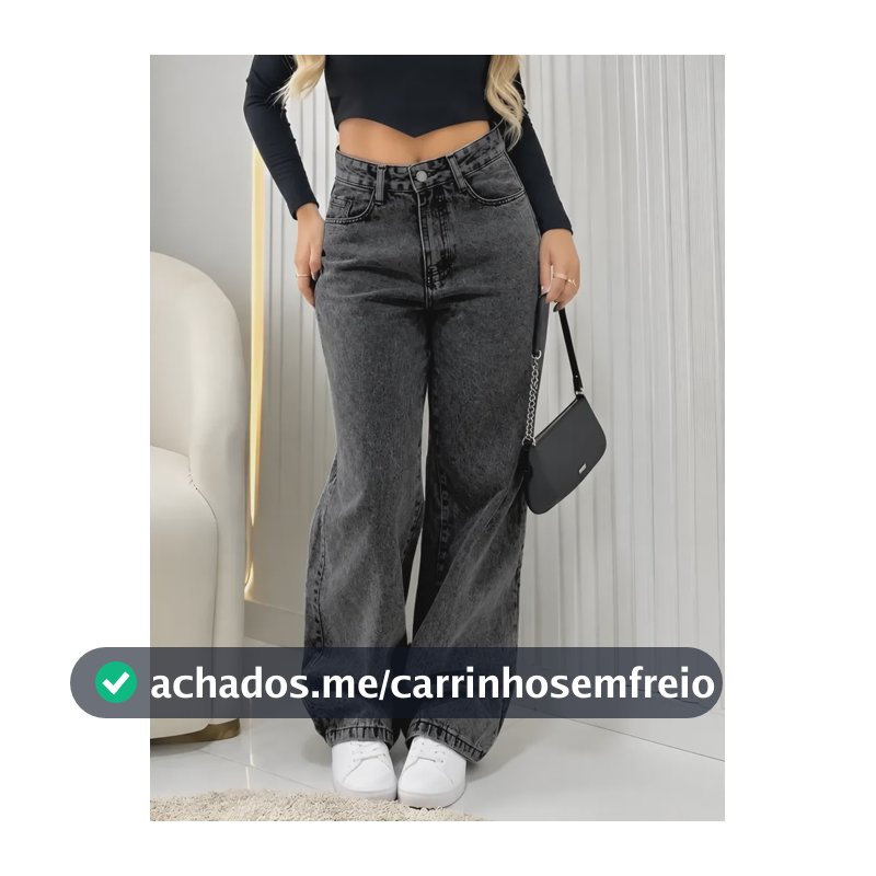 Calça Jeans Wide Leg Feminina Cintura Alta Pantalona Preto Black Marmo Liso 38
