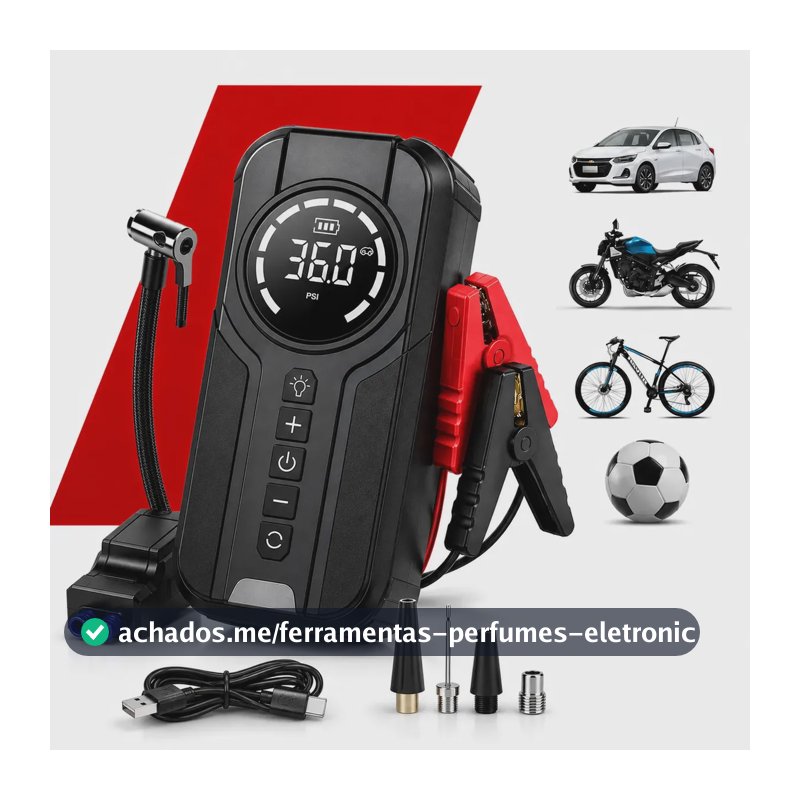 Mini Compressor De Ar Portátil 150 PSI Com Auxiliar De Partida 1500A Inflador Digital Sem Fio Power Bank Lanterna LED Para Carro Moto Bicicleta Bola Emergência Recarregável MidiaFone
