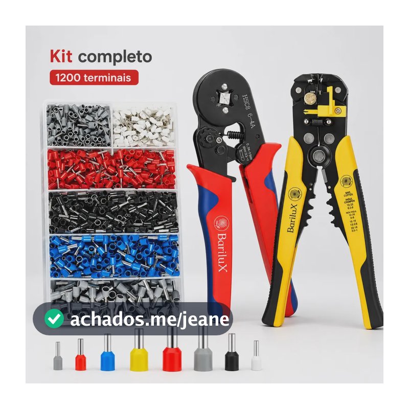 Alicate Crimpador + Descascador Fios + Box 1200 Ilhos Terminais Tubular Pino Mc4 Kit Barilux