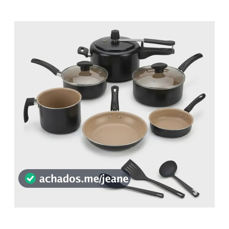 Conjunto 9 Panelas Antiaderente Com Panela De Pressão 2l Preto E Bege