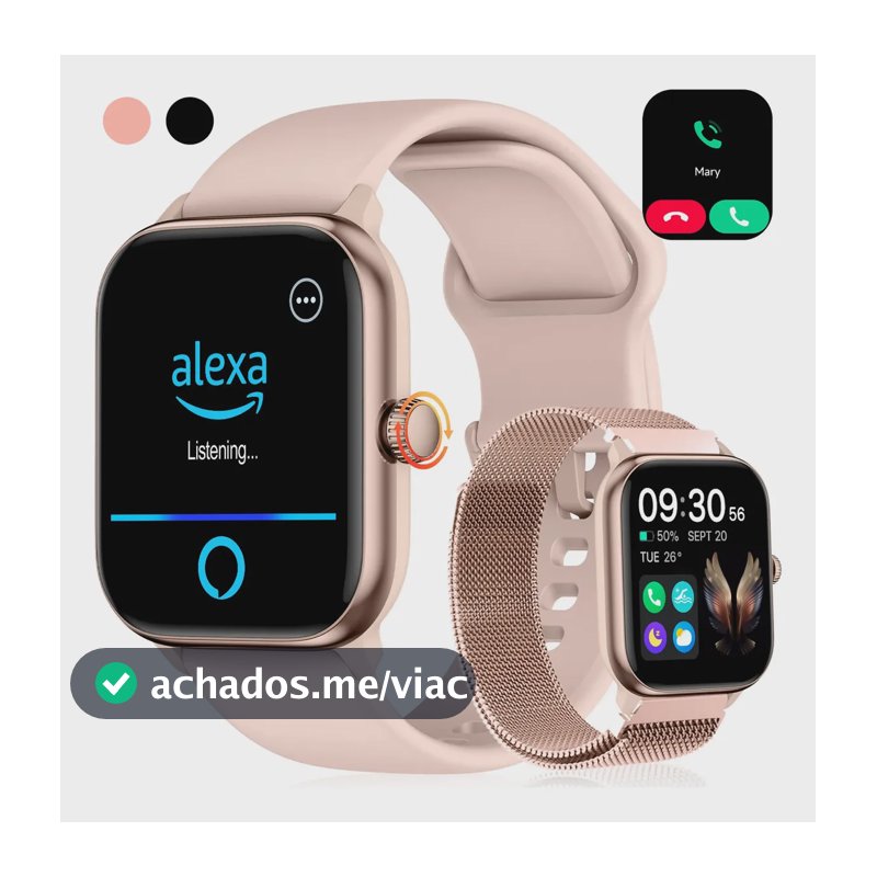 Relógio Inteligente Smartwatch Alexa Chamadas Bluetooth NOVANTE Rosa Digital Feminino Masculino Esportivo Notificações Instantâneas Agua IP68 350mAh 1.85 AMOLED Com Codificador Monitor Cardíaco Spo2