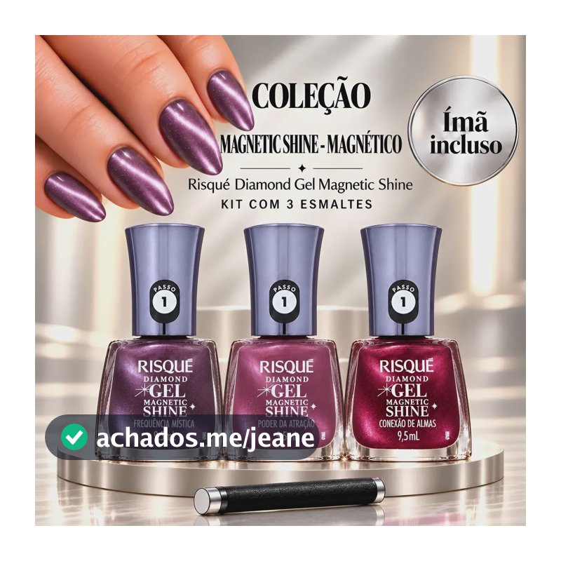 Kit Esmalte Magnético Risqué Diamond Magnetic Shine + Imã Kit 3. Com Imã