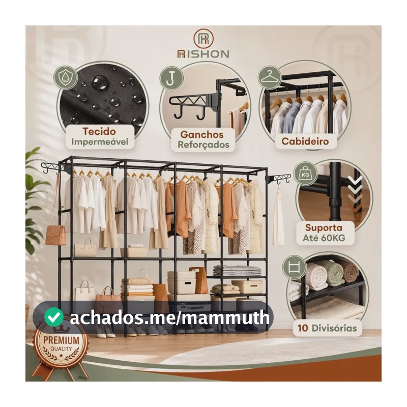 Guarda Roupa Dobravel Closet Aberto Organizador De Roupas Desmontavel E Arara Organizadora 4 Colunas Em Aço Resistente Rishon