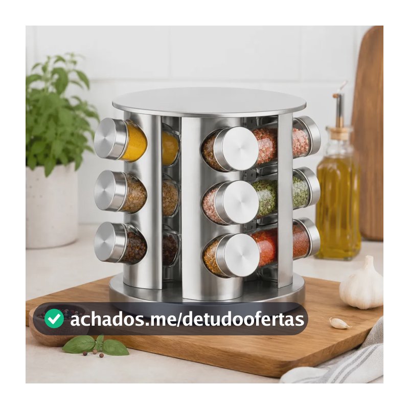 Porta Temperos Giratório 360° 12 Potes Vidro 85ml Inox Inox