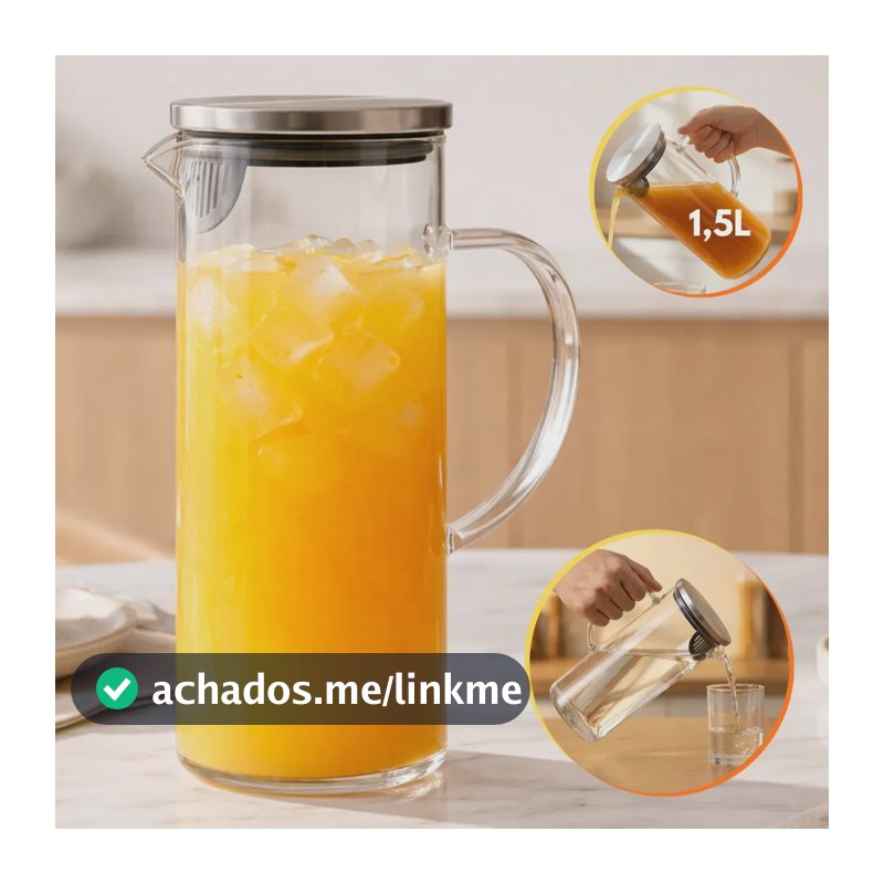 Jarra Vidro Borossilicato 1,5 Litros Tampa Inox Hermética Agua Suco Transparente