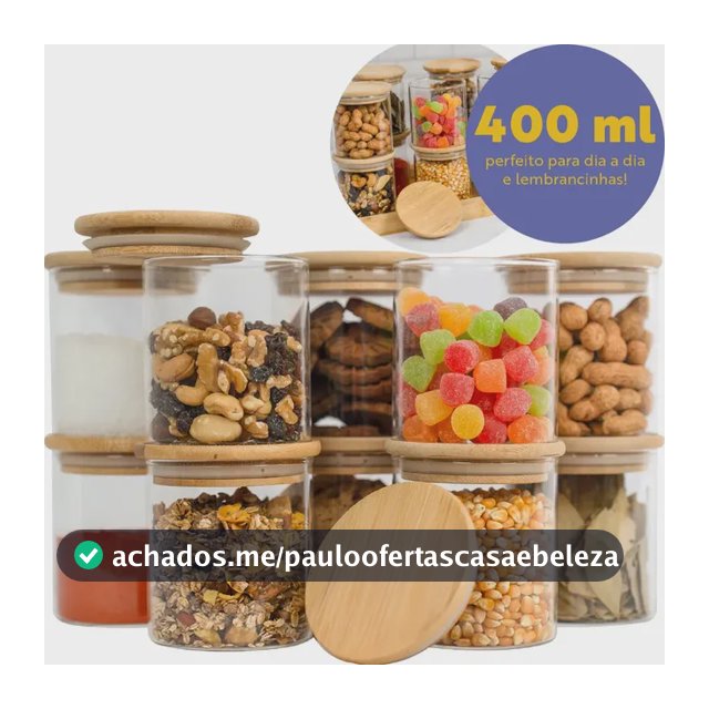 Kit 10 Pote Vidro Hermético Tampa De Bambu 400ml Cozinha Transparente