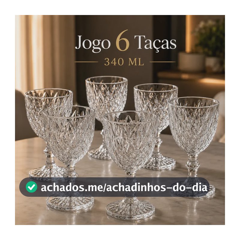 Jogo 6 Taças De Vidro Diamond 340 ml Com Pé Lapidadas Transparentes Textura Diamante Em Relevo Para Vinho Água Suco Espumante Champanhe Gin E Drinks Kit Conjunto Cálice De Vidro Lapidado 6 Unidades