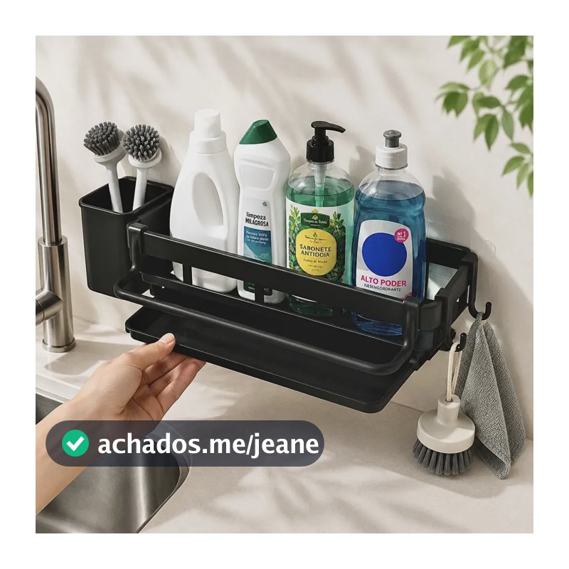 Organizador de Pia com Suporte para Detergente e Esponja Inox Preto – Sem Furar