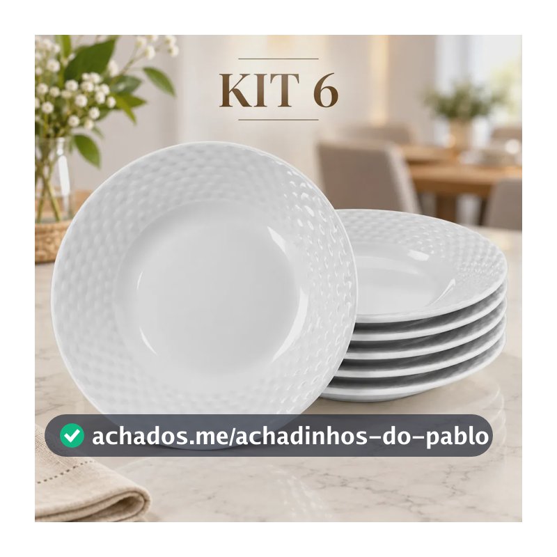 Kit 6 Pratos Brancos Martelados 23cm Conjunto de Louça para Jantar Refeição Mesa Posta Cozinha Casa Dia a Dia Ocasiões Especiais Design Elegante Moderno para Servir 6 Unidades