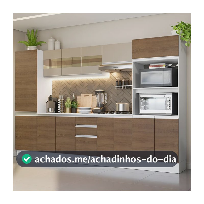 Armário De Cozinha Completa Modulada Madesa Smart 100% Mdf 300 Cm Balcão com Tampo para Cooktop Cor Branco/Rustic/Crema XAGRSM300001A9