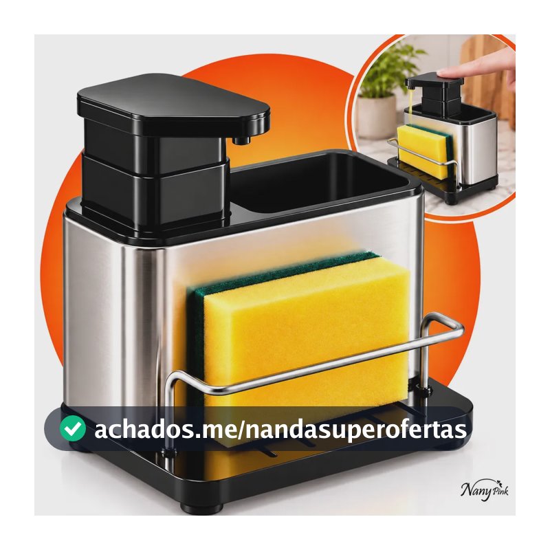 Dispenser Porta Detergente 3 em 1 em Aço Inox com Porta Esponja e Utensílios Organizador de Pia para Cozinha e Sabão Líquido - Nany Pink