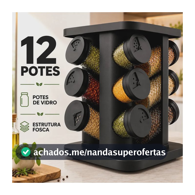 Porta Temperos Condimentos 12 Unidades Potes Vidro Base Giratória Preto Organizador Cozinha Dosador Sólar