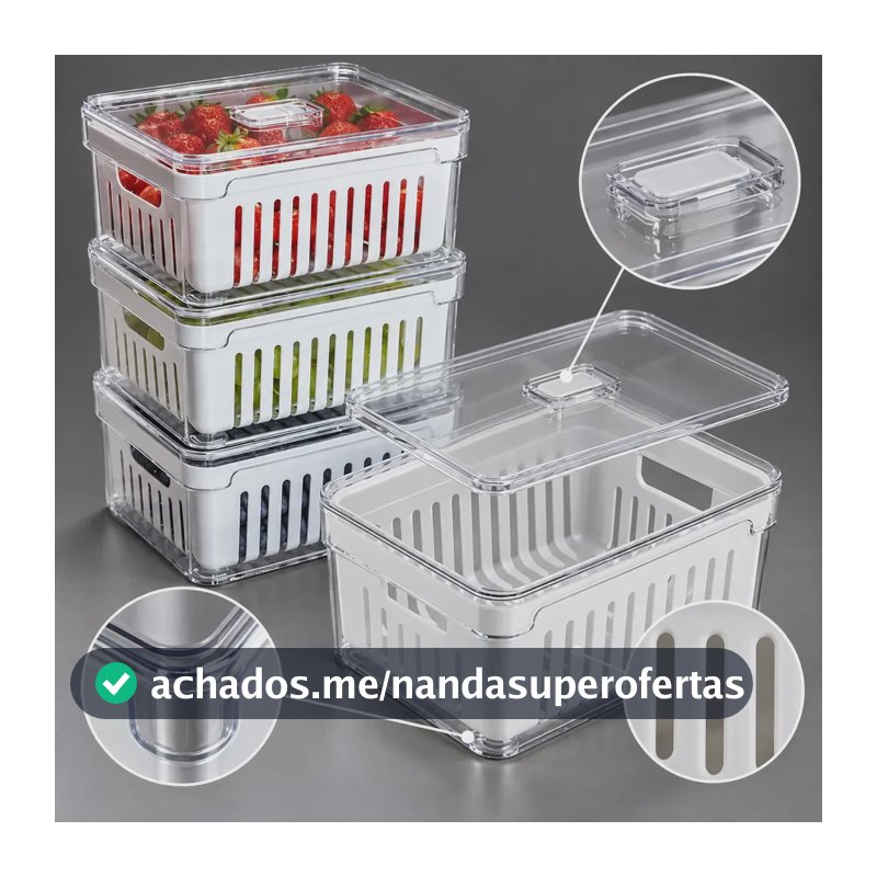 Kit 4 Organizadores de Geladeira 2,2L Cesto Interno Plástico Livre de BPA Drenagem Tampa com Trava Pote de Acrílico Transparente Ponte Lar Utilidades para Frutas Legumes Verduras Frios Cozinha Armário