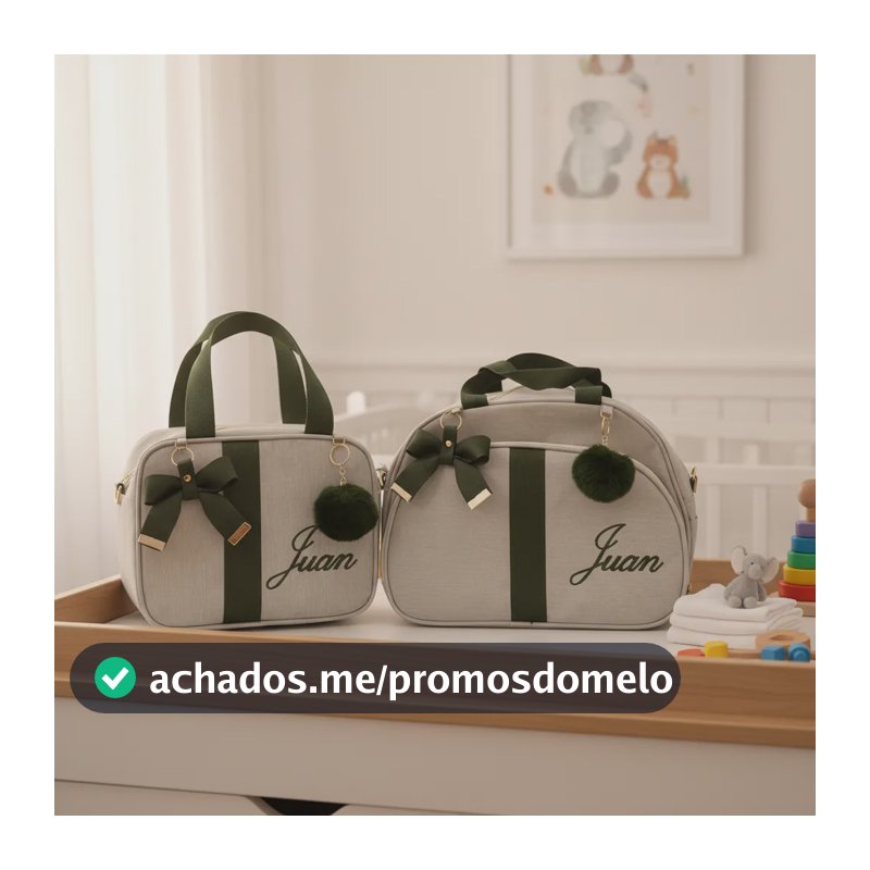 Bolsas  Maternidade Média E Pequena Personalizada Com Nome Bege Com Verde Musico