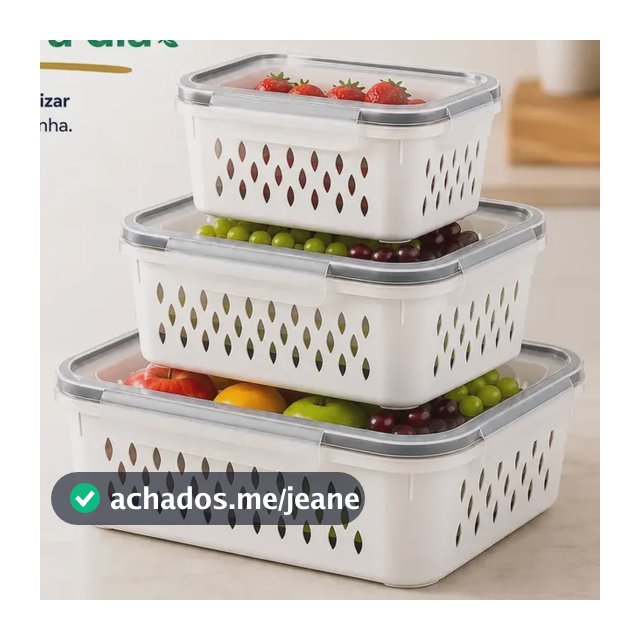 Conjunto Kit 3 Organizadores Geladeira Hermético Escorredor Cesto Alimentos Legumes Verduras Frutas Transparente Com Tampa Trava