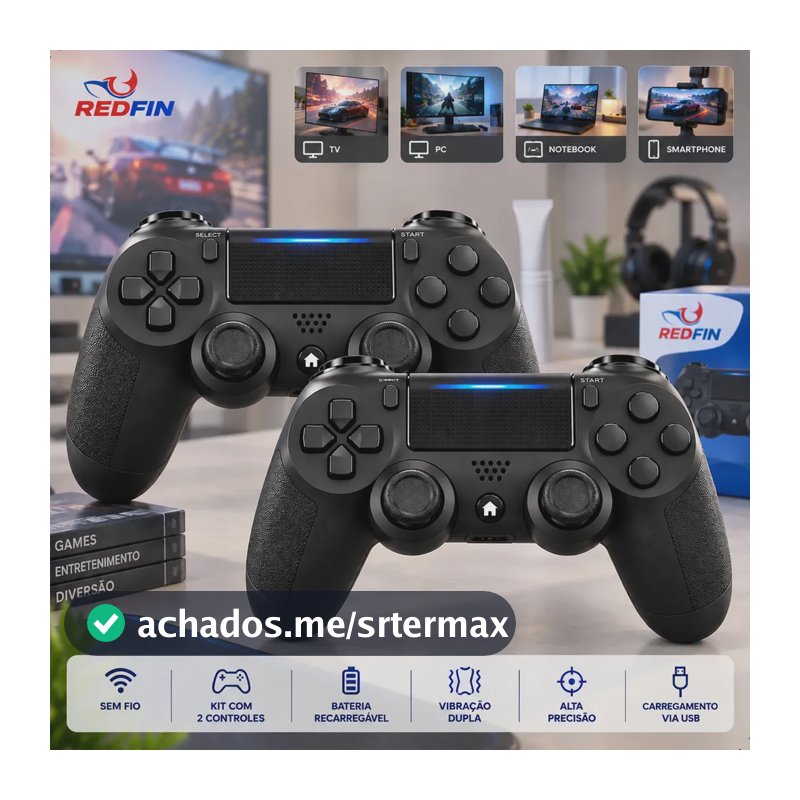 Kit 2 Controle Para Ps4 Sem Fio Pc Bluetooth Vibração Dupla Joystick Compatível Ps4 Videogame Tv Pc Celular Android Manete Smart Tv - Preto Redfin