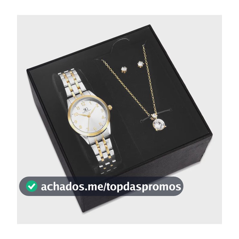 Kit Relógio Colar e Brincos Ponto De Luz Dourado e Prateado Feminino Luxo Saint Germain 28mm