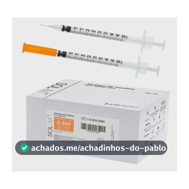 Seringa Insulina C Agulha Fixa 0,5ml 0,25mm X 6mm 31g 100un