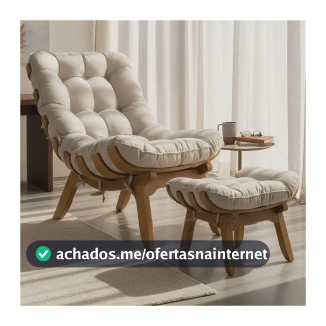Poltrona Com Puff Costela Madeira Sala Hall Linho Bege Bege