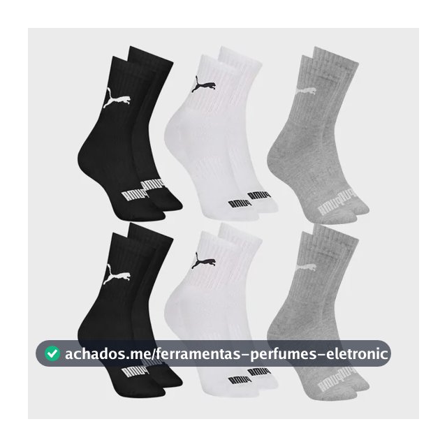 6 Pares Meias Puma Cano Médio Alto Atoalhada Academia Sport