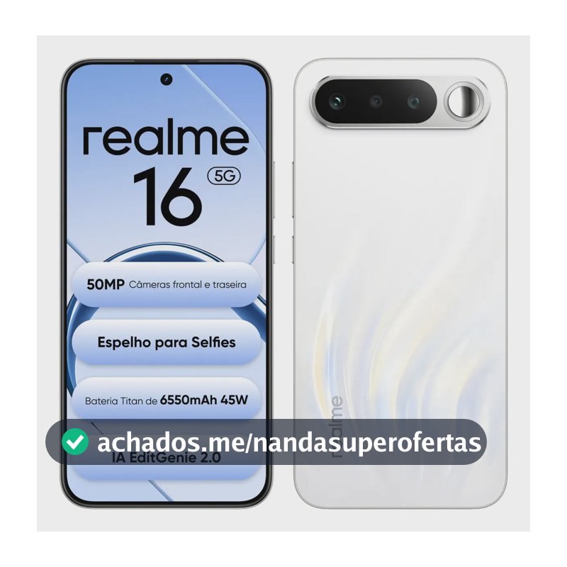 Smartphone Celular Realme 16 5g 256gb 12gb Ram Dual Sim Câmera De 50mp Lumacolor Image Espelho para Selfies Bateria 6550mah, Resistência à água Ip69 Pro, 4200nit Amoled Branco