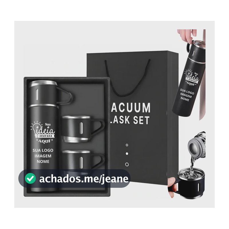 Kit Garrafa Térmica Personalizada 3 Xícara Empresa Nome Logo Preto